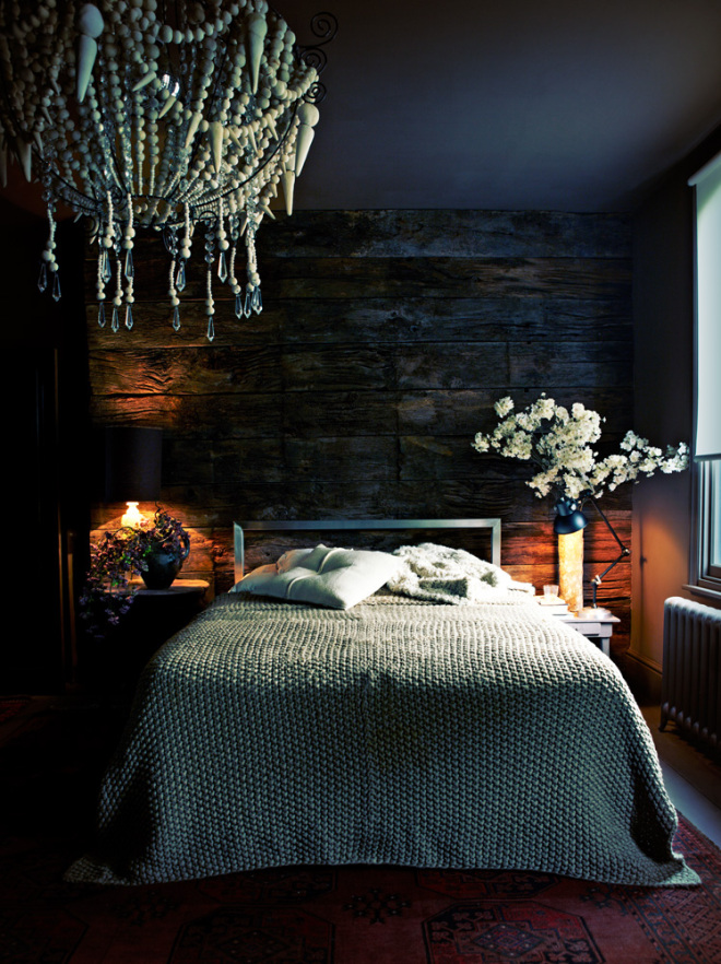 Dark walls and ceiling in this romantic bedroom with wooden bead chandelier  via VangViet