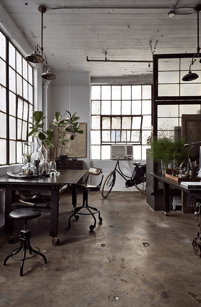 Great space in a Brooklyn NY loft, the workspace of artist Alina Preciado, I spy a typical Dutch bycicle - via 79 Ideas