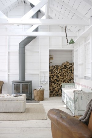 Grey woodstove and white walls - via DIY Design Fanatic