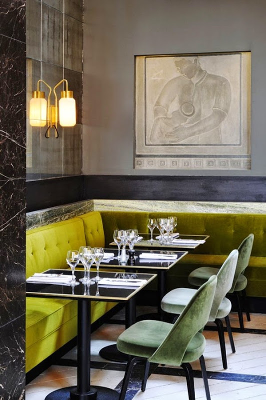 Mustard and soft green velvet in Paris restaurant Mr Bleu, designed by Joseph Dirand