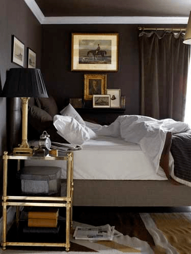 A classic dark bedroom, I love the bronze nightstand - via House Beautiful