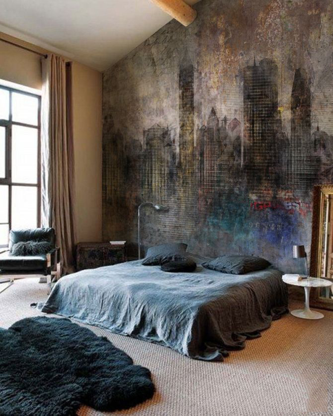 Boho bedroom with industrial painting on the wall - via Pixer