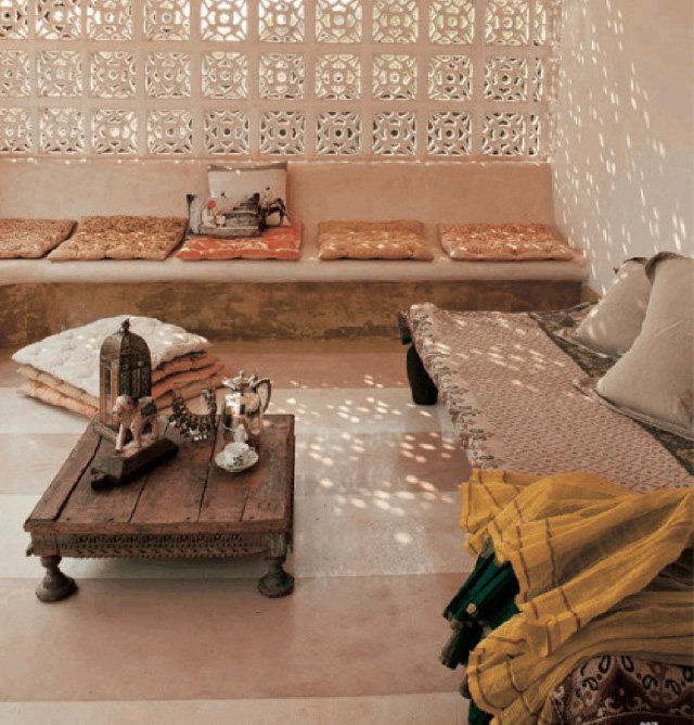 An earthy color palette in this Arabic shaded outdoor space - via Pure Home