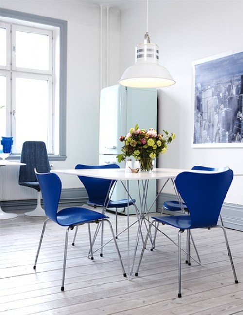 Classic blue Ant Chairs - via French Madame