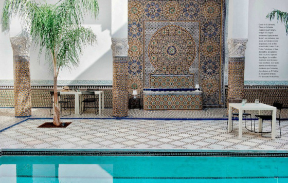 This home in Fez, Morocco has a beautiful pool with traditional tiling contrasting nicely with the contemporary tables and chairs - via Cote Sud