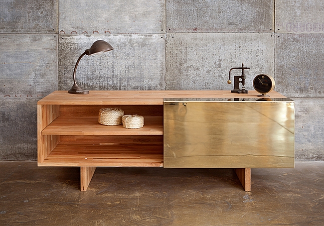 Electroplated brass door on this minimal-design sideboard - via InteriorDesign2014