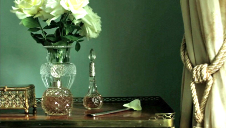 Opening shot of the Downton Abbey series with the teal green room