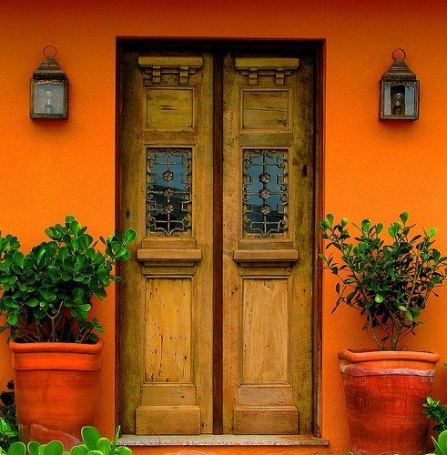 I love the green foliage constrasting against the orange wall - via Eyoupay