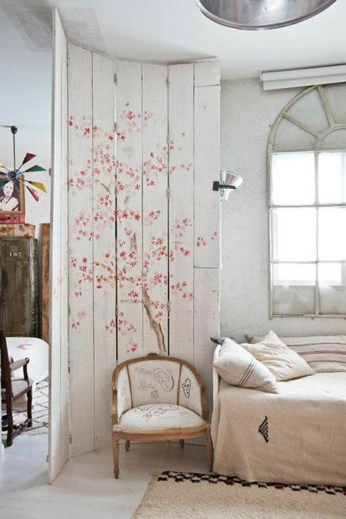 Screen divider with pink blossoms - love the vintage feel - via Not My Beautiful Home