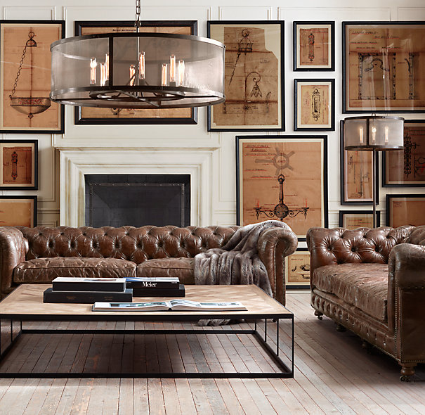 These sofa's are created by using vintage leather, but the base construction is new - via Restoration Hardware