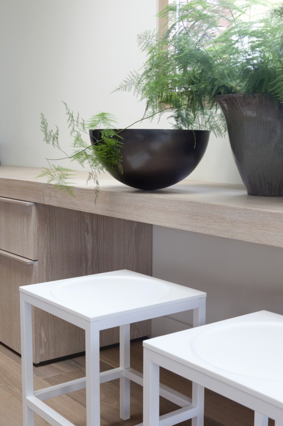 Black and white interiors: Delicate fine-feathered ferns add a soft touch to the straight lines of the furniture