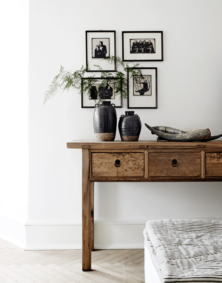 Black & White interiors, old wood and delicate greens - via 79 Ideas