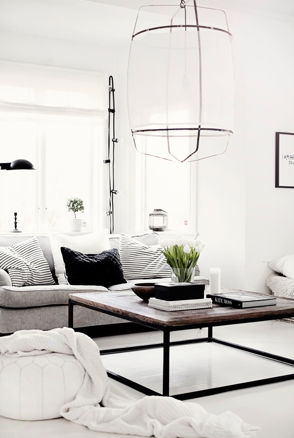 Black and white interiors: Another Koushi lamp in this black and white interior - via Coco and Kelley