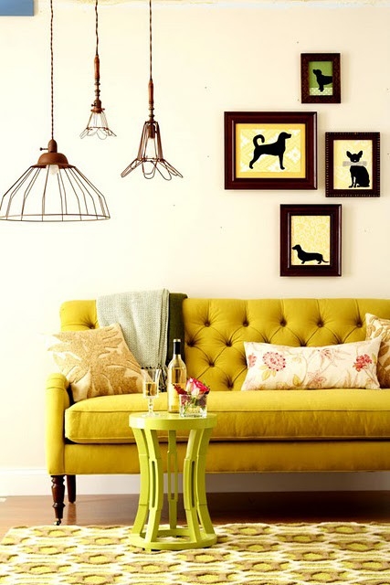 Mustard tufted sofa - via Pandashouse